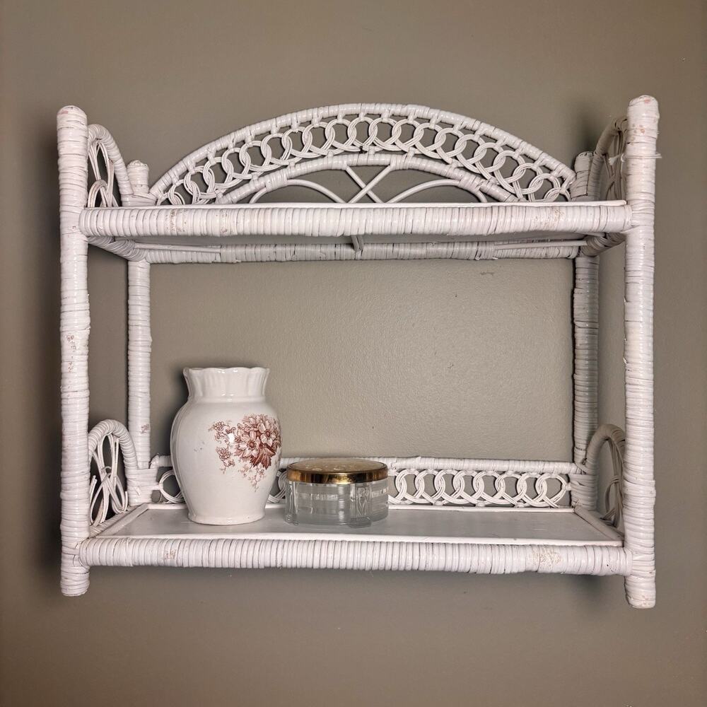 Vintage White Wicker Display Shelf Wall Hanging or Tabletop  2 Tier Bath Boho